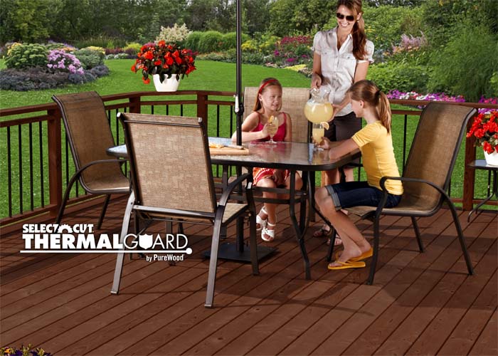 Select Cut ThermalGuard by Purewood is thermally modified wood at its best. Enhanced with a factory-applied premium sealant, this rich looking deck and railing offers remarkable resiliency to rot, decay, and other elements. ThermalGuard is an impressive alternative to cedar!